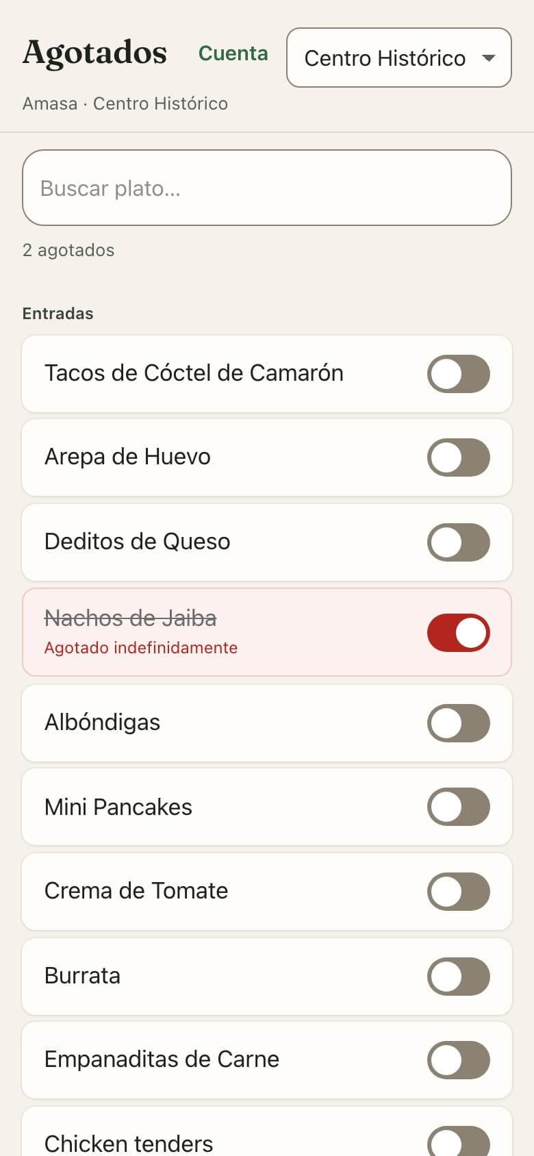 Agotados en el celular de la cocina: Nachos de Jaiba marcado como agotado