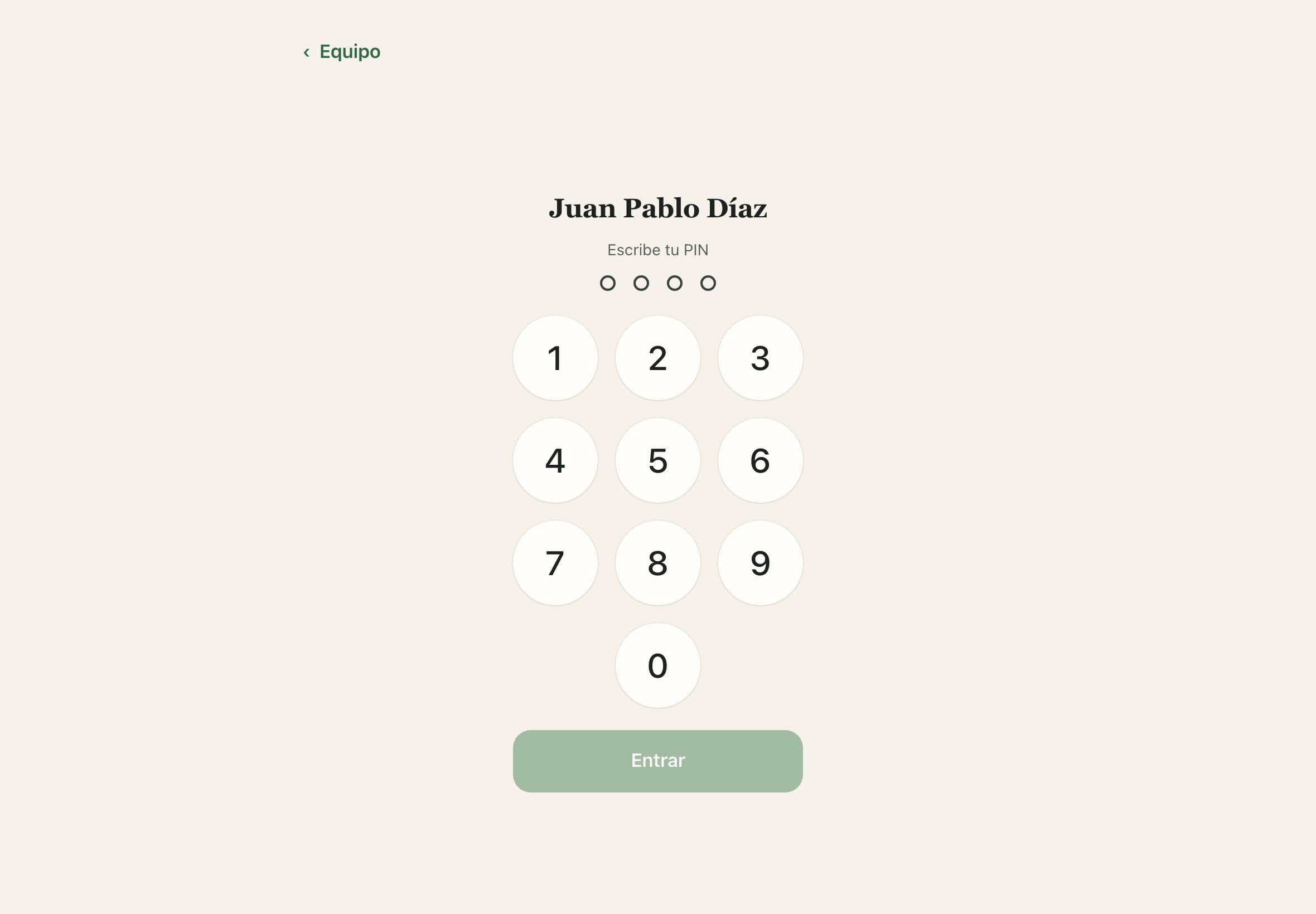 La tablet de Belly pidiendo el PIN de Juan Pablo Díaz para empezar su turno