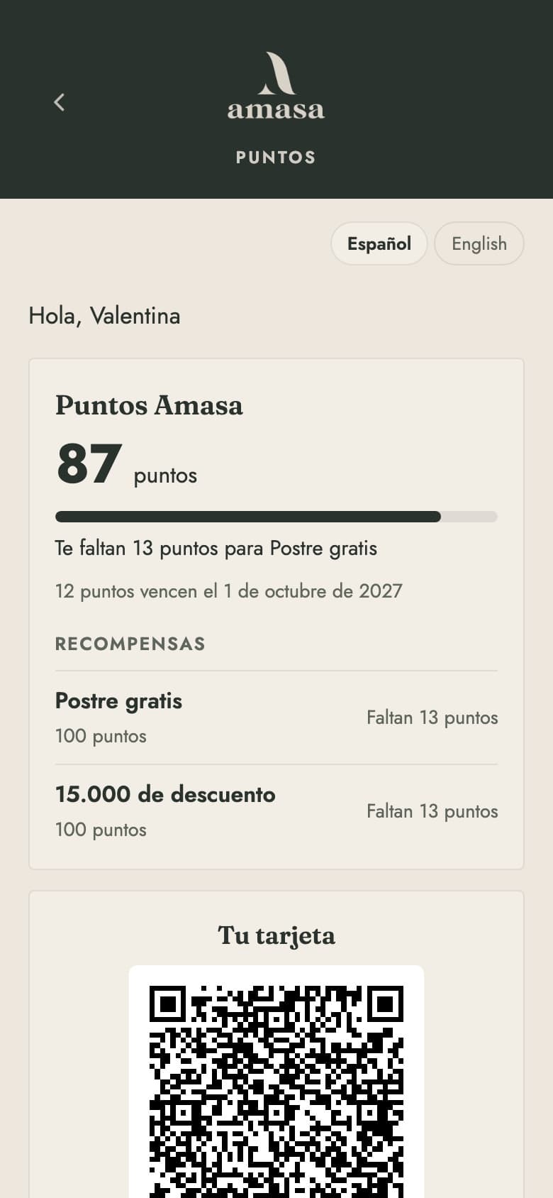 Tarjeta de puntos del cliente en el celular, con su saldo y lo que le falta para el próximo premio