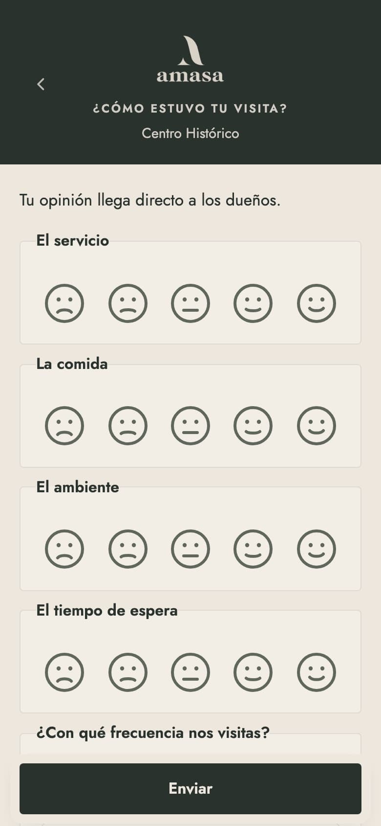 Encuesta del cliente con caritas para servicio, comida, ambiente y tiempo de espera