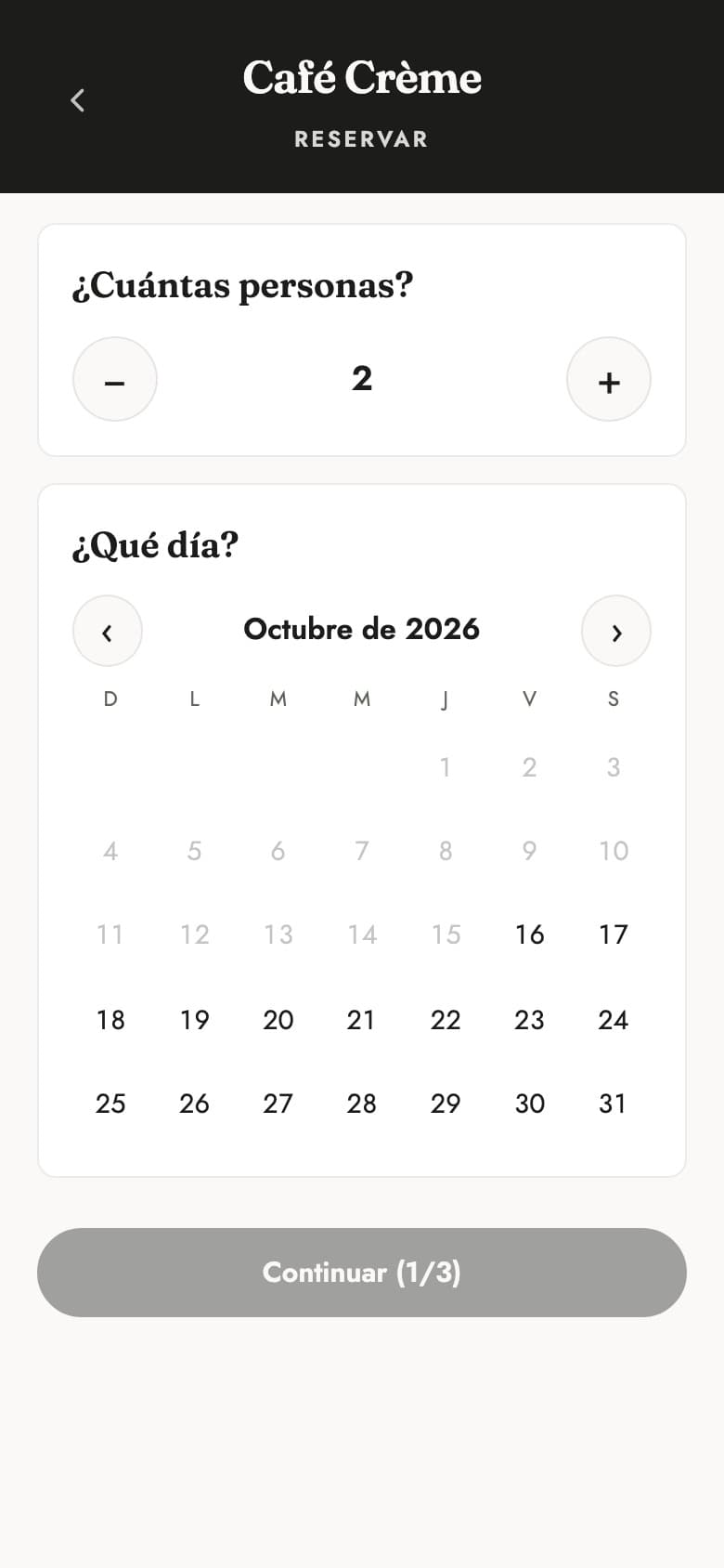 Formulario de reserva del cliente: número de personas y día